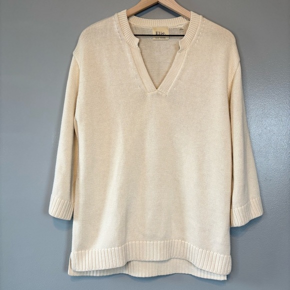 Elie Tahari Large Wool Blend V-Neck Knit Sweater Cream Ivory - Picture 1 of 5